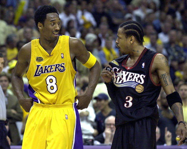 031258.SP.0806.lakers18.WS ?? Lakers Kobe Bryant and 76ers Allen Iverson have a few words with each