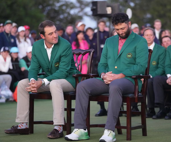 (230410) &#8212; AUGUSTA, April 10, 2023 &#8212; Scottie Scheffler (L) of the United States and Jon Rahm of Spain react during the