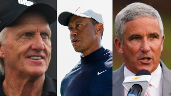 Greg Norman Tiger Woods Jay Monahan Collage