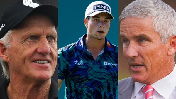 Greg Norman Viktor Hovland Jay Monahan Collage