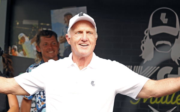 SUGAR GROVE, IL &#8211; SEPTEMBER 17: Greg Norman the LIV CEO and golf commissioner as Norman reacts before getting a mullet h