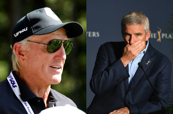 LIV Golf CEO Greg Norman (L) and PGA Tour Commissioner Jay Monahan (R)