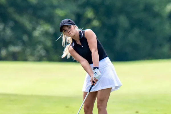 Golf: LIV Golf-Practice Round, Jul 28, 2022; Bedminster, NJ, USA; Hailey Ostrom chips onto the 2nd green during the LIV