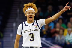 Notre Dame guard Hannah Hidalgo calls out to her teammates during an exhibition game against Davenport on Wednesday, Oct. 30, 2024, at Purcell Pavilion in South Bend. Notre Dame won 101-41