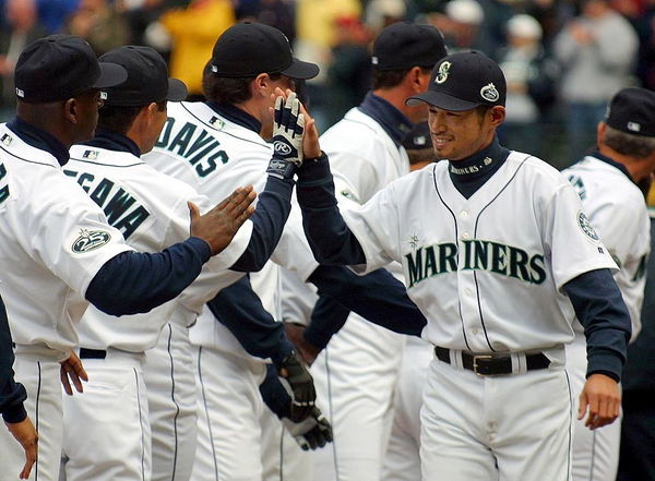 Seattle Mariners' Ichiro Suzuki wearing a Seattle Pilots uniform from 1969  backs away from an inside pitch against the Los Angles Angels during the  eighth inning of their Turn Back the Clock