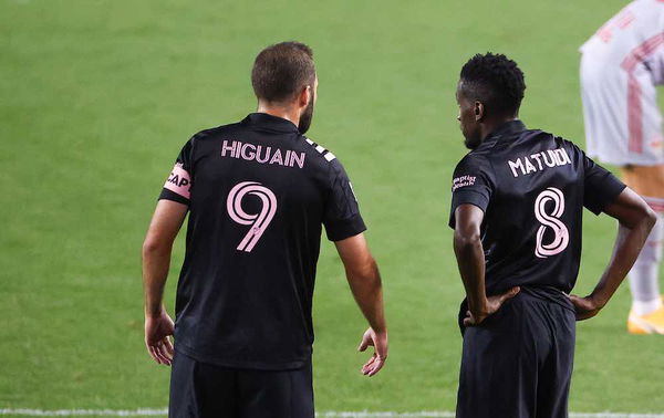 HARRISON, NJ &#8211; OCTOBER 07: Inter Miami forward Gonzalo Higuain (9) and Inter Miami midfielder Blaise Matuidi (8) during