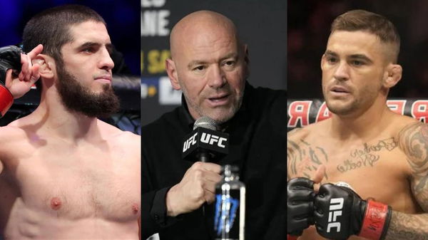 Islam Makhachev, Dana White and Dustin Poirier