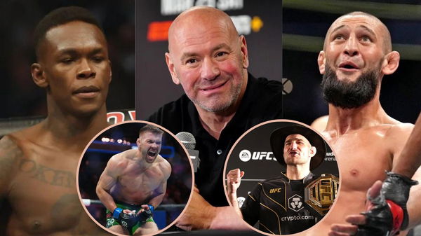 Israel Adesanya, Dana White, Khamzat Chimaev, Dricus du Plessis and Sean Strickland