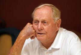 Golf great Jack Nicklaus talks with fellow golfer Tom Watson at Norwood Hills Country Club before the inaugural Legends