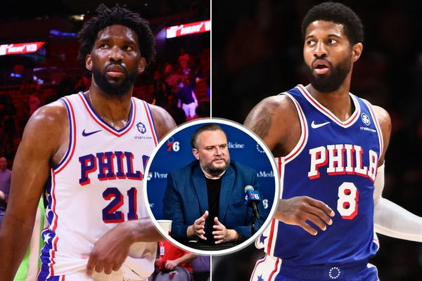 Joel Embiid, Paul George and Daryl Morey