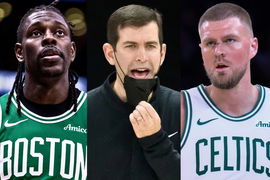 Jrue Holiday, Brad Stevens, and Kristaps Porzingis