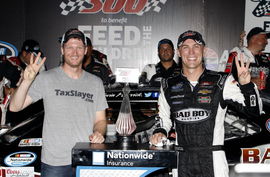 August 30 2014 Kevin Harvick r and team owner Dale Earnhardt Jr celebrate winning the Great Clips