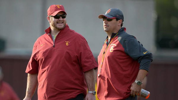 Kyle DeVan (left) with Steve Sarkisian at USC