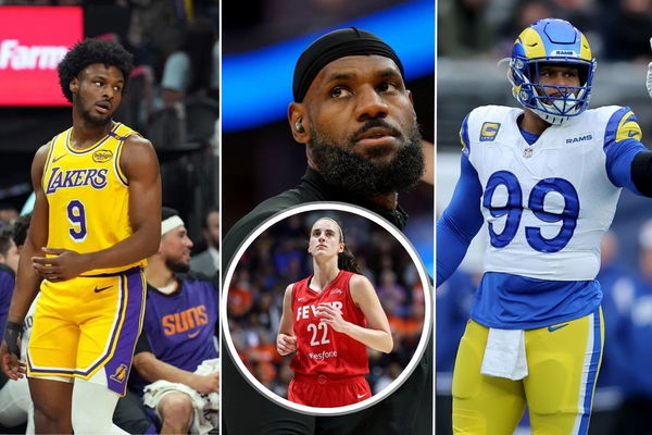 (L-R) Bronny James, LeBron James, Aaron Donald, Caitlin Clark (in the Middle)