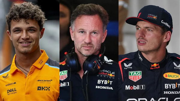 (L-R) Lando Norris, Christian Horner, Max Verstappen