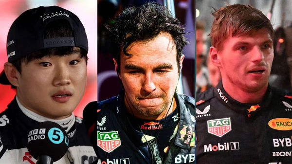 (L-R) Yuki Tsunoda, Sergio Perez, Max Verstappen