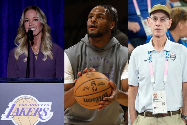 (L-R)Jeanie Buss, Bronny James, Adam Silver