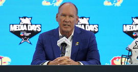 Lance Leipold speaks with the media during Big 12 Media Days