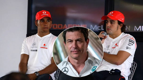 Lewis Hamilton (L), Toto Wolff, Fernando Alonso (R)