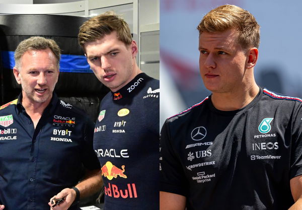 Max Verstappen, Christian Horner and Mick Schumacher