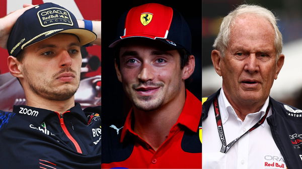 Max Verstappen (L), Charles Leclerc (Center), and Helmut Marko (R)