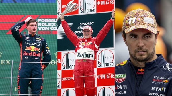 Max Verstappen, Michael Schumacher, and Sergio Perez