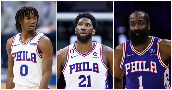 Tyrese Maxey, Joel Embiid and James Harden