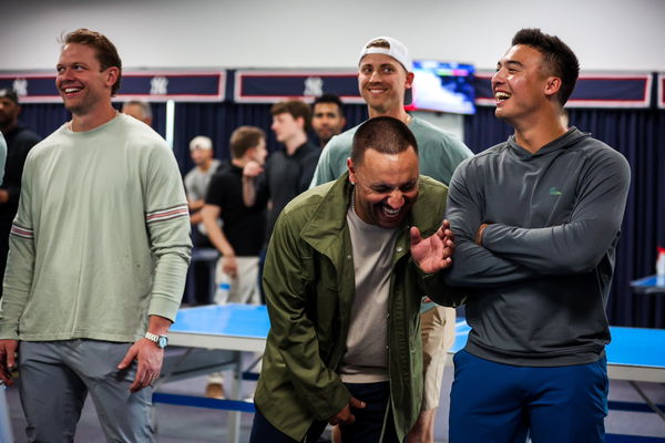 New York Yankees Nestor Cortes Jr. and Anthony Volpe smiling