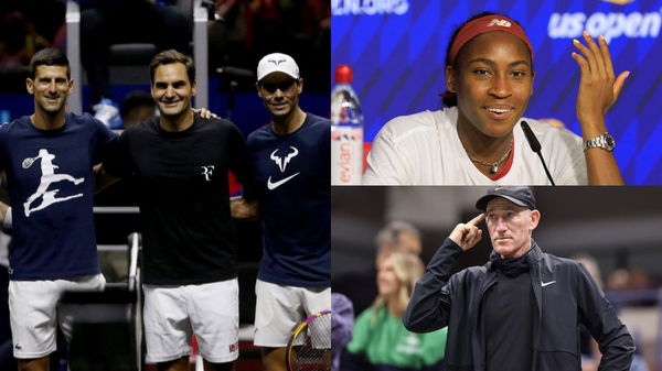 Novak Djokovic, Roger Federer, Rafael Nadal (left), Coco Gauff (upper-right), and Brad Gilbert (lower-right)