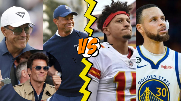 Phil Mickeleson Tiger Woods Patrick Mahomes Stephen Curry Tom Brady Collage