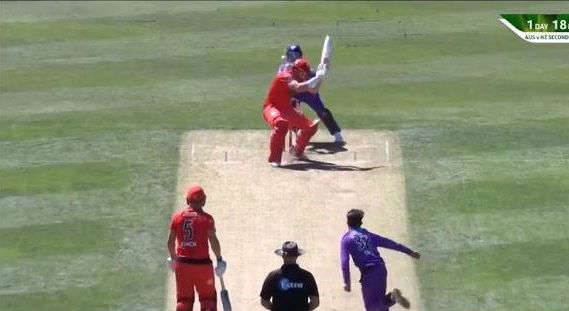 Qais Ahmed bowling a bouncer to Shaun Marsh