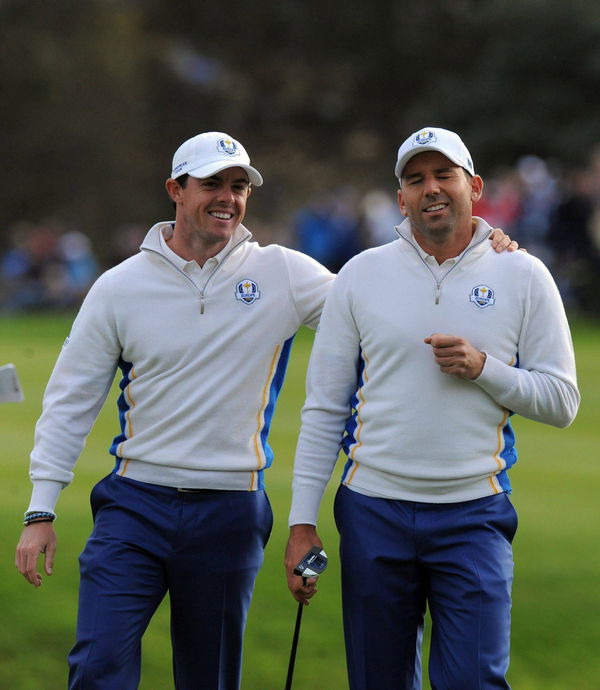 Mandatory Credit: Photo by Greig Cowie/Bpi/Shutterstock (4130846au) Rory McIlroy of Team Europe and Sergio Garcia of Tea