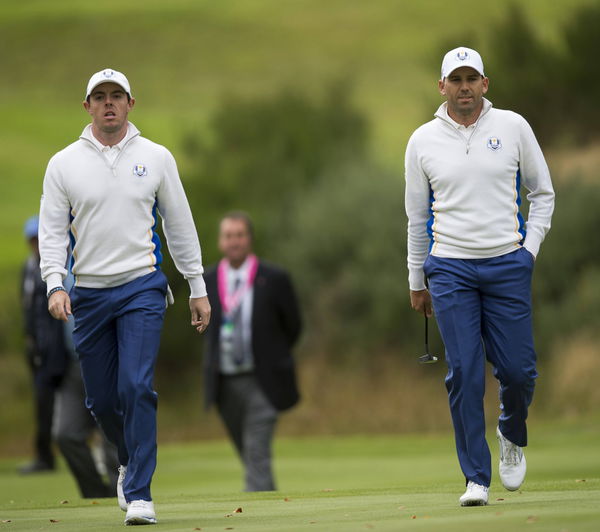 27 09 2014 Gleneagles Auchterarder Perthshire Scotland The Ryder Cup Rory McIlroy and Sergio G