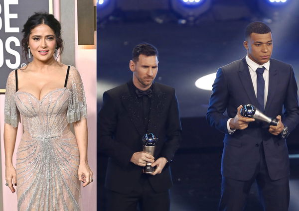 Salma Hayek Lionel Messi and Kylian Mbappe