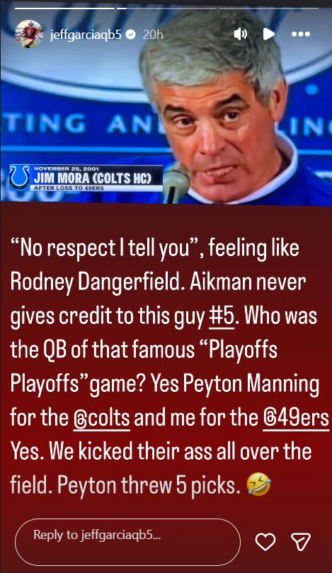 Jeff Garcia recalls the 2001 Colts vs 49ers game (Image via Instagram @jeffgariaqb5)