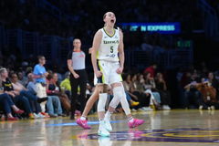 Aug 20, 2025; Los Angeles, California, USA; Dallas Wings guard Paige Bueckers (5) celebrates in the second half against the LA Sparks at Crypto.com Arena.