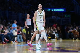 Aug 20, 2025; Los Angeles, California, USA; Dallas Wings guard Paige Bueckers (5) celebrates in the second half against the LA Sparks at Crypto.com Arena.