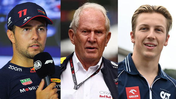 Sergio Perez (L), Helmut Marko (Center), and Liam Lawson (R)