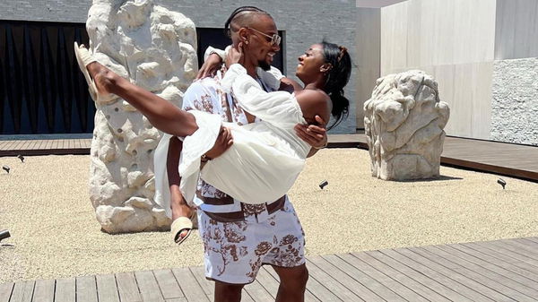 Simone Biles' Denim Shorts & Baseball Jersey With Jonathan Owens