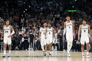 San Antonio Spurs players Devin Vassell, Dylan Harper, De'Aaron Fox