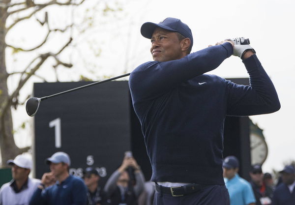 February 16, 2023, Pacific Palisades, California, USA: Tiger Woods hits his tee shot on hole one during Day 1 of the Gen