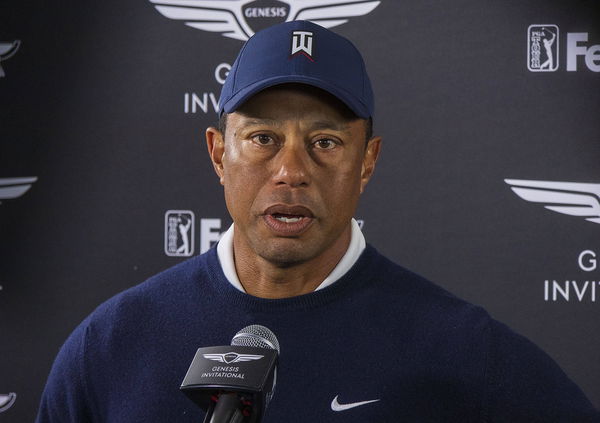 February 16, 2023, Pacific Palisades, California, USA: Tiger Woods is interviewed after completing Round 1 of the Genesi