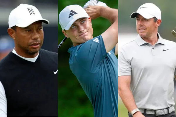 Tiger Woods (L) Ludvig Aberg (M) Rory McIlroy (R) Collage