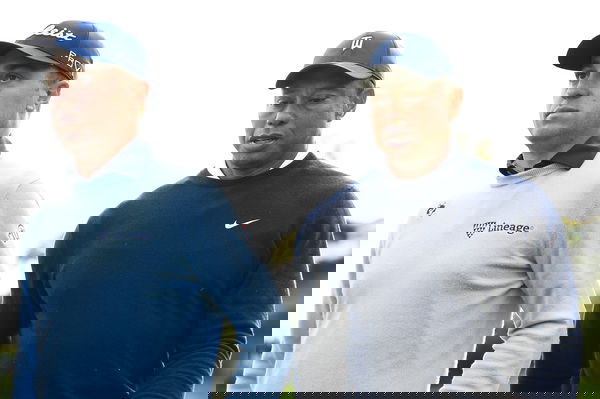 PACIFIC PALISADES, CA &#8211; FEBRUARY 16: Justin Thomas and Tiger Woods look on after their first round of the Genesis Invita