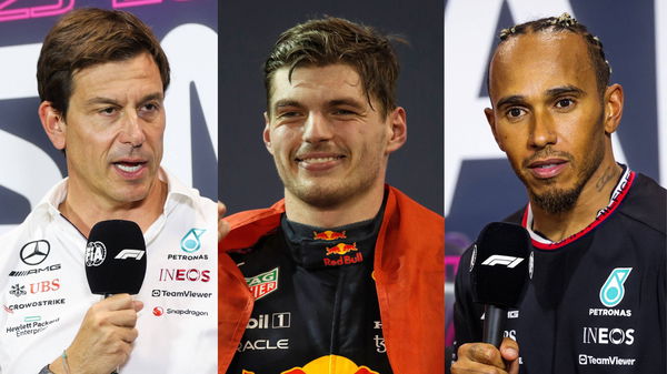 Toto Wolff (L), Max Verstappen (Center), and Lewis Hamilton (R)