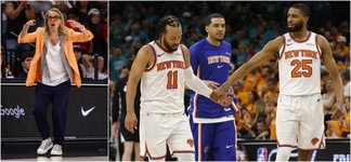 Becky Hammon of Las Vegas Aces, Jalen Brunson and Mikal Bridges of the New York Knicks