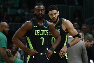 Celtics guard Jaylen Brown (7) and forward Jayson Tatum (0)