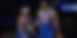 Feb 14, 2026; Los Angeles, CA, USA; Team Knicks guard Jalen Brunson (11) of the New York Knicks and center Karl-Anthony Towns (32) of the New York Knicks react during the shooting stars competition during the 2026 NBA All Star Saturday Night at Intuit Dome. Mandatory Credit: Kirby Lee-Imagn Images