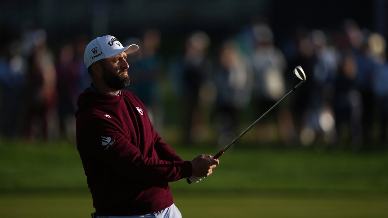May 15, 2026; Newtown Square, Pennsylvania, USA; Jon Rahm chips on the 17th hole during the second round of the PGA Championship golf tournament. Mandatory Credit: James Lang-Imagn Images