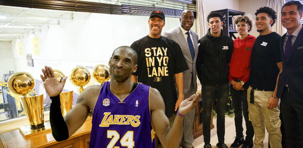 Kobe Bryant, LaMelo Ball, LaVar Ball, Magic Johnson, Rob Pelinka, LiAngelo Ball